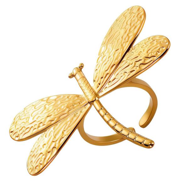 18K Gold Plated Women's Dragonfly Statement Finger Ring Insect Nature Inspired - Picture 1 of 11